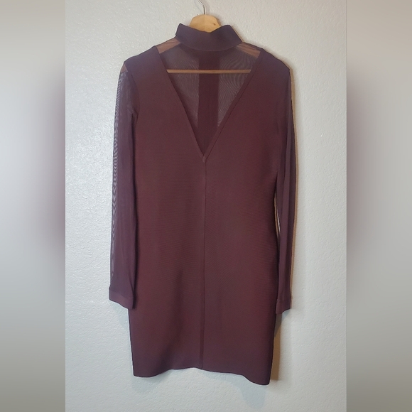 💚5/$25 Burgundy Mesh Long Sleeve Bodycon Stretch Bandage Dress Size Large - Picture 1 of 7